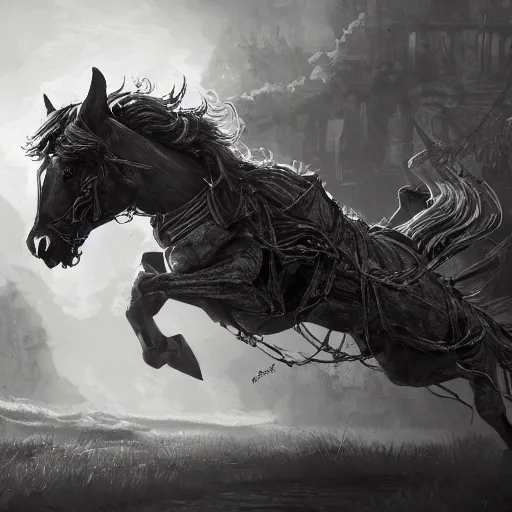 Image similar to a chess piece comes alive, the horse jumps over the wooden chessboard, fantasy art, in the style of greg rutkowski, illustration, epic, fantasy, intricate, hyper detailed, artstation, concept art, smooth, black and white, sharp focus, ray tracing