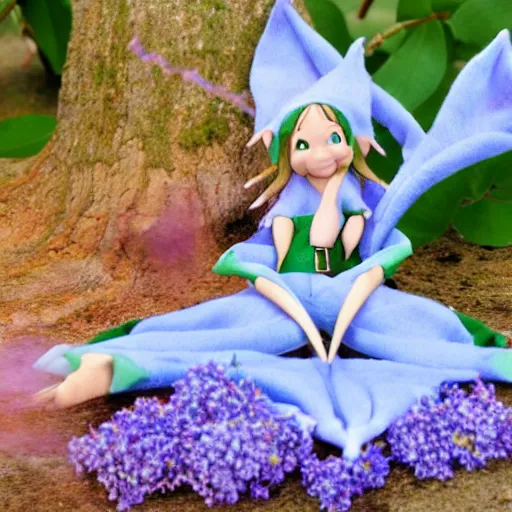 Image similar to a realistic elf is sitting at a close distance, he has a good - natured dreamy look, transparent wings, he is sitting on a beautiful blue flower around a lilac mist c 7. 0