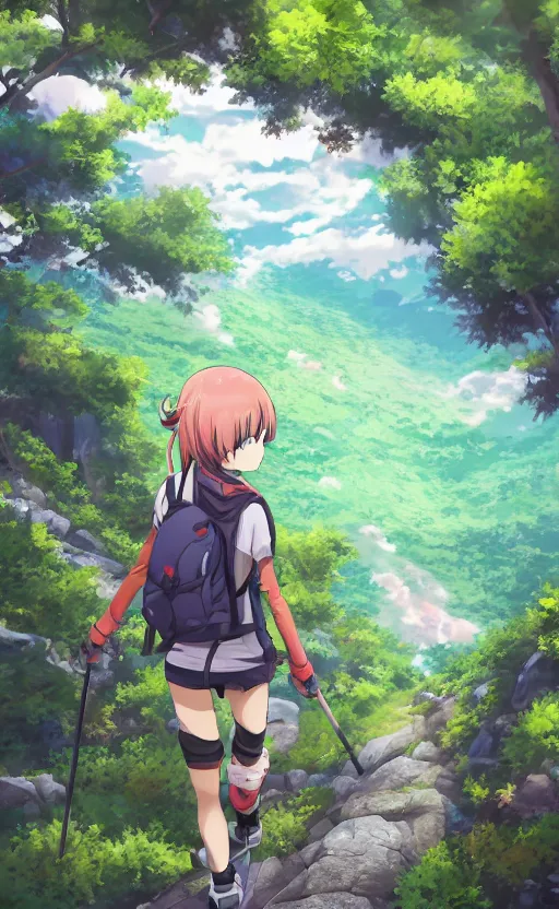 Image similar to an anime girl in the foreground hiking the Appalachian Trail alone, exaggerated three point perspective, beautiful anime scene, trending digital art, 4k ultra