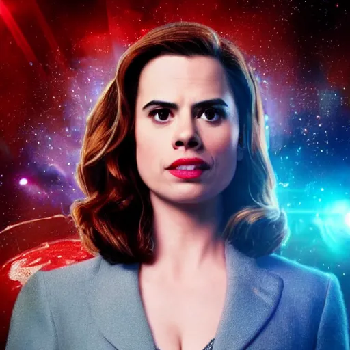 Image similar to a beautiful full body photograph of hayley atwell dressed as doctor who, science fiction style, time vortex in the background, detailed face, symmetrical face, extreme realism and detail, 8 k, completely framed, direct lighting, 3 5 mm photo, photorealistic, sharp focus