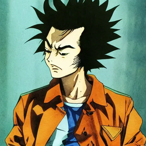 Image similar to young boy angry with pompadour hair, art by katsuhiro otomo, tetsuo hara, hirohiko araki, jotaro kujo, banchou, action pose, manga cover, watercolor