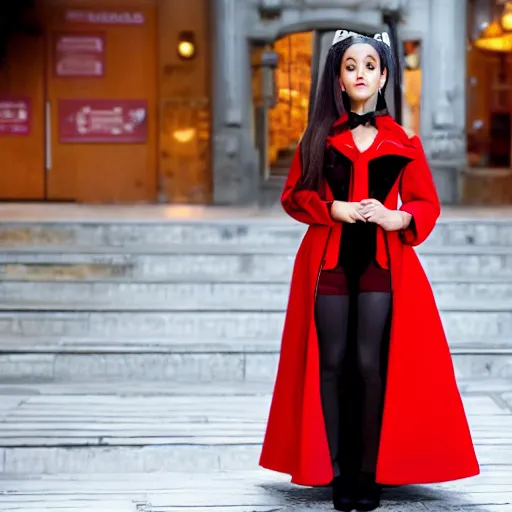 Image similar to ariana grande as an vampire with a red coat and pointy ears 4 k