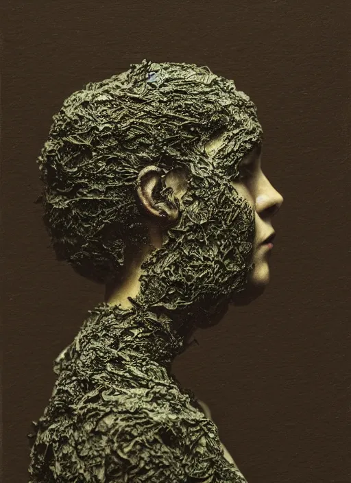 Image similar to a woman's face in profile, made of elaborate seaweed, in the style of the Dutch masters and Gregory Crewdson, dark and moody