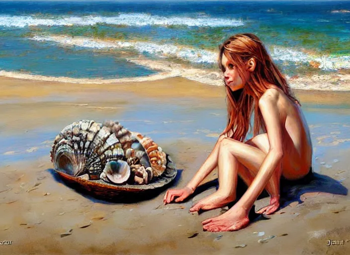 Image similar to she sells sea shells by the sea shore; painting by Jon foster.