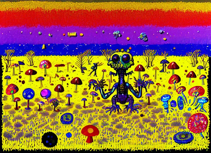 Image similar to pixel decollage painting golden armor alien zombie horseman riding on a crystal bone dragon broken rainbow diamond maggot horse in a blossoming meadow full of colorful mushrooms and golden foil toad blobs in a golden sunset, distant forest horizon, painted by Mark Rothko, Helen Frankenthaler, Danny Fox and Hilma af Klint, pixelated, neo expressionism, semi naive, rich deep colors, cinematic, color field painting, cave painting, voxel, pop art look, outsider art, minimalistic. Bill Traylor painting, part by Philip Guston and Francis Bacon. art by Adrian Ghenie, 8k, extreme detail, intricate detail, masterpiece