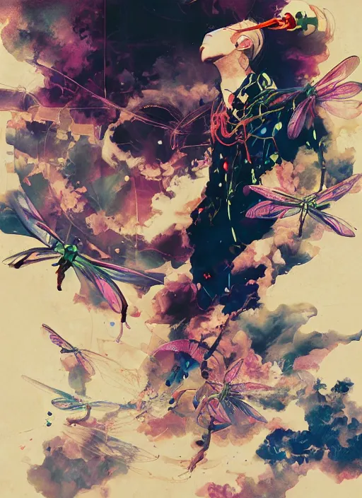 Image similar to surreal gouache painting, by yoshitaka amano, by ruan jia, by Conrad roset, by good smile company, detailed anime 3d render of a magical Dragonfly flying over a flying disco Vinyl, DJ Mixer, deck , controller, portrait, cgsociety, artstation, rococo mechanical and Digital and electronic, dieselpunk atmosphere