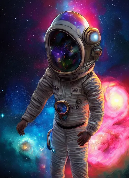 Image similar to handsome african-american man in an advanced spacesuit floating in front of exploding nebulae, digital illustration trending on artstation by artgerm and rutkowski