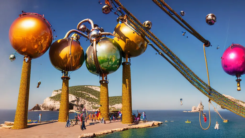 Prompt: large colorful futuristic space age metallic steampunk steam - powered balloons with pipework and electrical wiring around the outside, and people on rope swings underneath, flying high over the beautiful ibiza landscape, professional photography, 8 0 mm telephoto lens, realistic, detailed, photorealistic, photojournalism