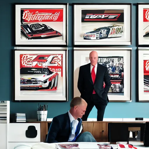 Image similar to cinematic shot of a bald white guy wearing a suit sitting in an office with NASCAR posters portraying Dale Earnhardt Jr covering the walls of the room, 8k, very intricate, very detailed,