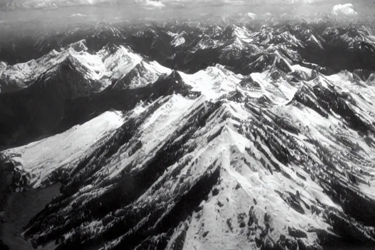 Prompt: tall mountains covered in snow, photo from airplane by Ansel Adams,