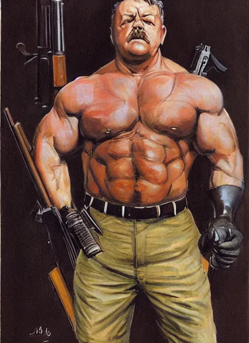 Image similar to gk chesterton as a buff action hero with muscles and a shotgun. portrait by james gurney. realistic face. awesome.