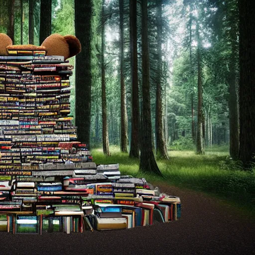 Image similar to Bear made out of old books a forest with impossibly tall trees. 8k resolution. Hyperrealistic.