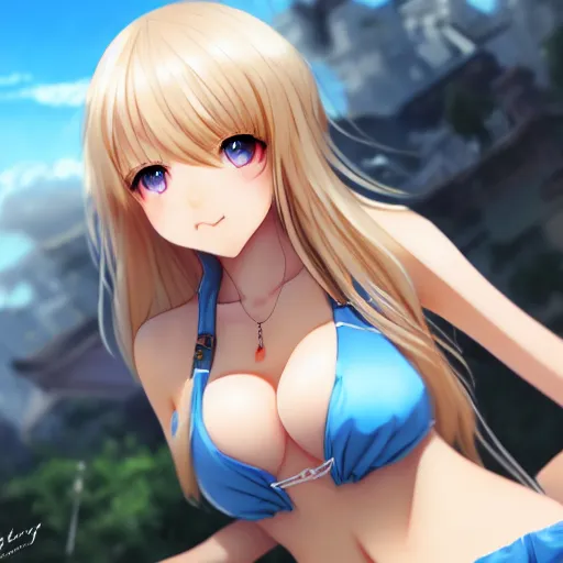 Image similar to a very beautiful young anime giantess, from below perspective,, full body, long wavy blond hair, sky blue eyes, full round face, evil grin, bikini, miniskirt, front view, mid - shot, highly detailed, cinematic wallpaper by stanley artgerm lau