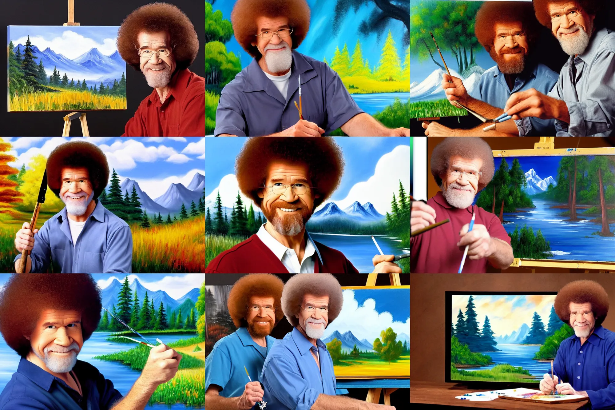 Prompt: Picture of Bob Ross painting reality in his canvas, HD