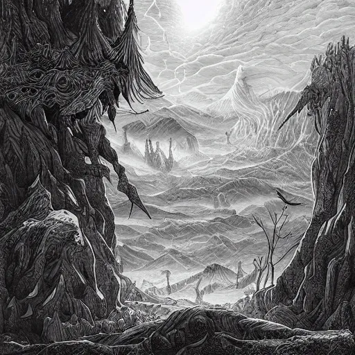 Image similar to impressive fantasy landscape, pure b & w, line art, ink illustration, engraving illustration, behance