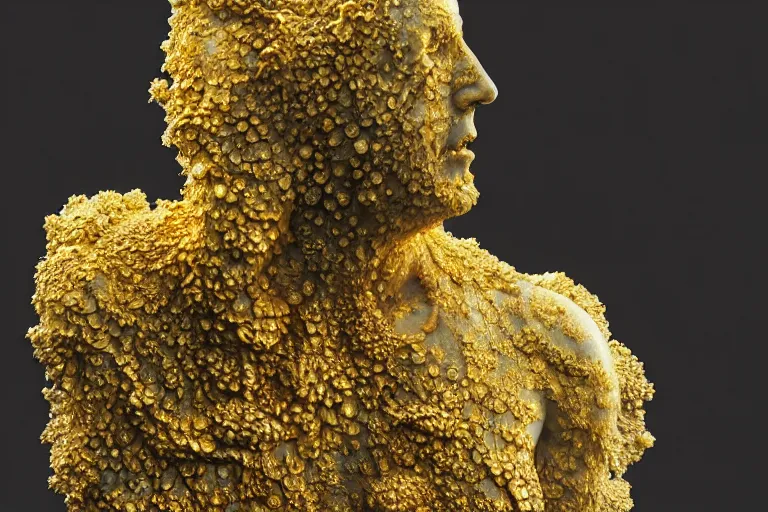 Image similar to a sculpture of a person with flowing golden tears, fractal flowers on the skin, intricate, a marble sculpture by nicola samori, behance, neo - expressionism, marble sculpture, apocalypse art, made of mist, still frame from the prometheus movie by ridley scott with cinematogrophy of christopher doyle, arri alexa, anamorphic bokeh, 8 k