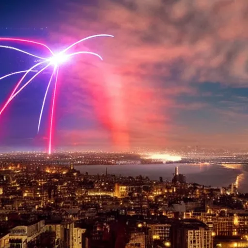 Prompt: ufo throwing laser beams over a city, destroying buildings, people scared and scaping, the sky is red