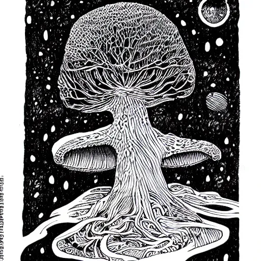 Image similar to black and white ink doodle illustration of an ancient tree floating in outer space, overgrown with funghi, style by peter deligdisch, peterdraws