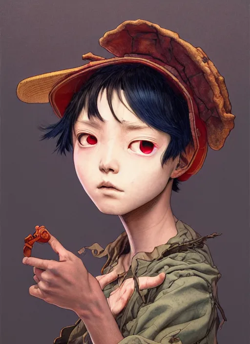 Image similar to prompt : portrait soft light painted by james jean and katsuhiro otomo and erik jones, inspired by akira anime, epic fantasy, a young dark skinned girl with short hair dressed as a boy in plain peasant clothing and a newsboy cap, intricate oil painting, high detail illustration, sharp high detail