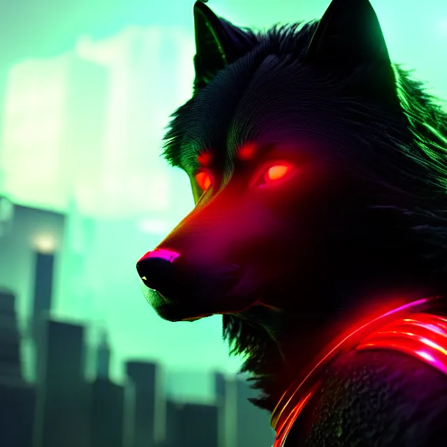 Image similar to portrait of a anthropomorphic black male wolf with long red hair wearing futuristic armor in a futuristic city | | concept art, 4 k, green volumetric lighting, highly detailed, photorealistic, trending on artstation