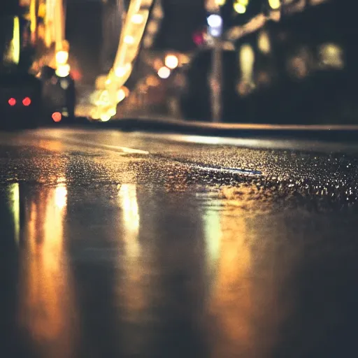 Image similar to night city lights reflecting on wet asphalt, moody photography