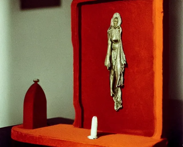 Image similar to by francis bacon, vivian maier, mystical redscale photography evocative. religious relics of the scarlet woman, displayed on an altar, luxury, opulence