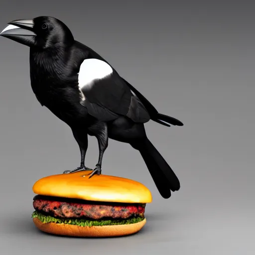 Prompt: a crow holding a cheeseburger, 3D render