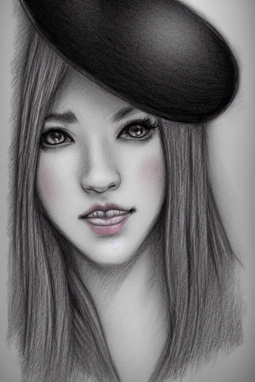 Image similar to highly detailed, beautiful teenage girl in a tall black top hat, pencil sketch, gray scale, anime style