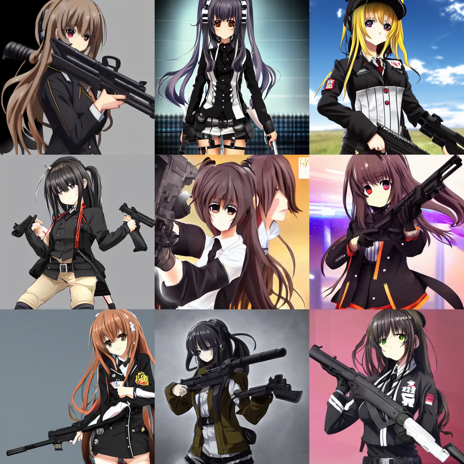 Prompt: anime character ump 9 from girls'frontline, holding ump 9 gun