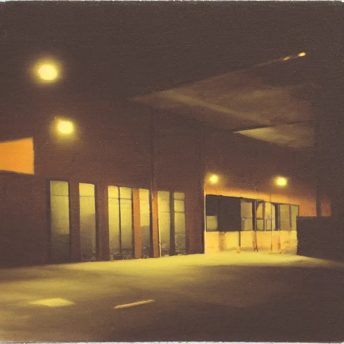 Image similar to liminal polaroid of a warehouse at night, art by dariusz zawadski, deep depth of field. highly detailed, hyper realism, hd, 4 k