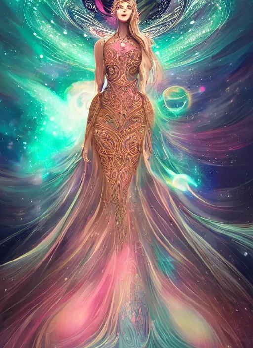 Prompt: a highly detailed illustration of elegant goddess wearing cosmic galxaxy patterned dress, elegant floating pose, beautiful detailed figure, nebula background, intricate, elegant, highly detailed, centered, digital painting, artstation, concept art, smooth, sharp focus, league of legends concept art, wlop