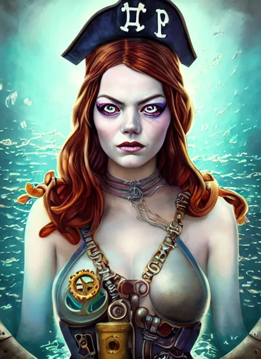 Image similar to lofi underwater steampunk pirate portrait of emma stone, pixar style, by tristan eaton stanley artgerm and tom bagshaw.