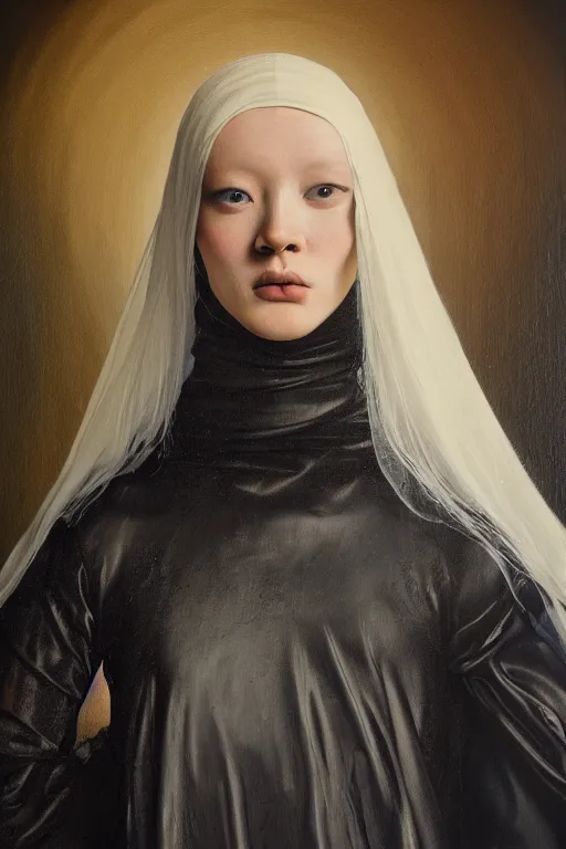 Image similar to hyperrealism oil painting, close - up portrait of albino medieval fashion model, black silk, steel gradient mixed with nebula sky, in style of baroque