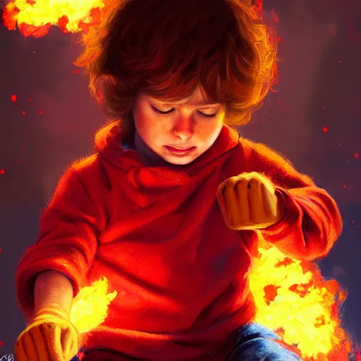 Image similar to colorful and festive captivating young child boy, brown fluffy hair, wearing red and yellow clothes, shooting a fire ball out of his fist. full body, rich vivid colors, ambient lighting, dynamic lighting, 4 k, atmospheric lighting, painted, intricate, highly detailed by charlie bowater