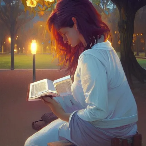 Prompt: hyperrealistic oil painting of a girl reading a book in park, street lighting, extremely fine details, realistic shaded lighting, artgerm, 8 k ultra realistic, highly detailed, art by christopher balaskas, alphonse mucha, craig mullins, alena aenami, laura sava