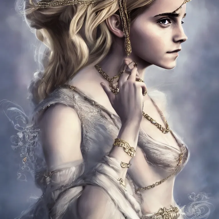 Prompt: emma watson a fantasy portrait of a beautiful noble elf princess with blonde hair and regal jewellry by bowater, symetrical, elegant, 4 k, charlie