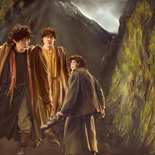 Image similar to Frodo and Harry Potter fight over the one ring at the doorway to mount-doom, painting