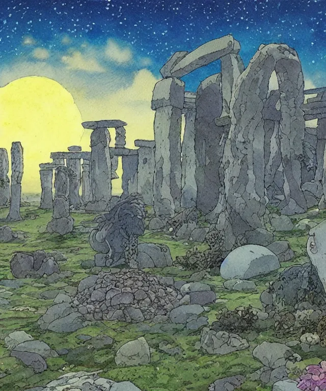 Image similar to a hyperrealist studio ghibli watercolor fantasy concept art. in the foreground is a giant grey octopus building and putting stones in to place on top of stonehenge with a starry sky. by rebecca guay, michael kaluta, charles vess