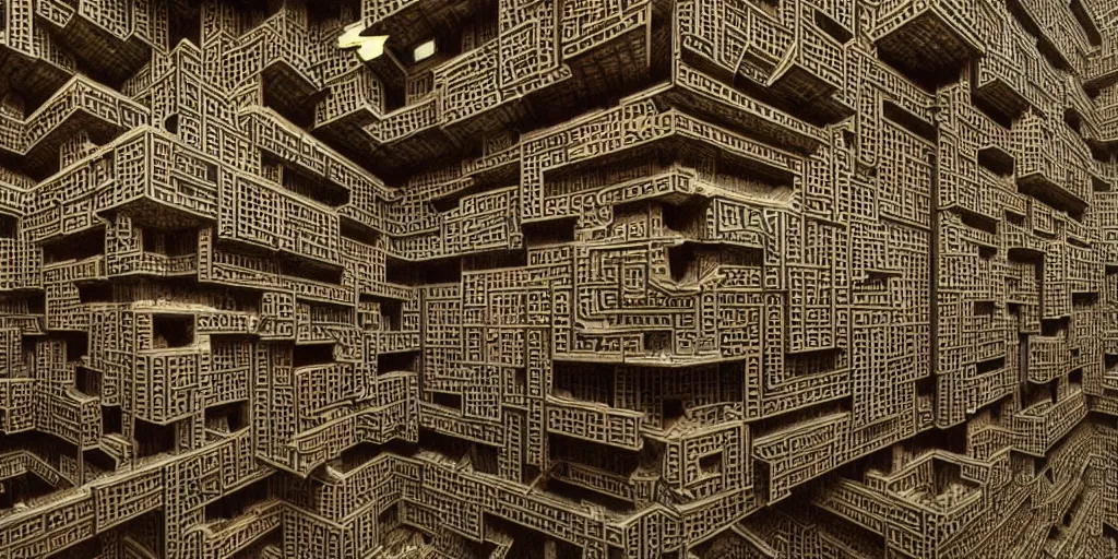 Prompt: endless menger sponge megastructure in the style of mc escher, realistic lighting, very intricate detailed photo, sharp focus, hd, 4 k