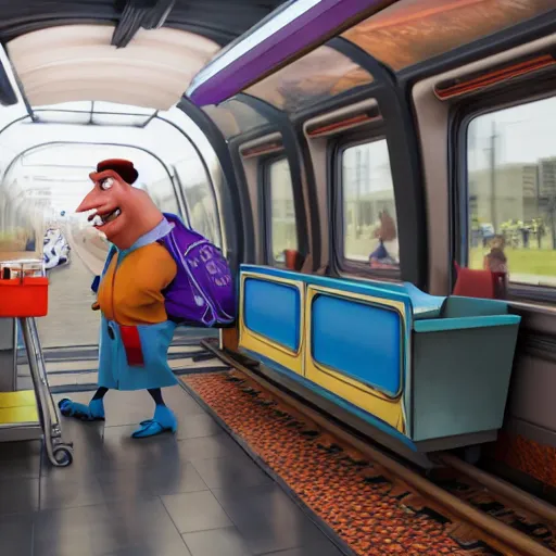 Prompt: a vendor selling goodies on the train, designed by peter andrew jones and pixar, photorealistic, 3 d render, award winning render, unreal engine, octane render, studio lighting, 8 k, hd