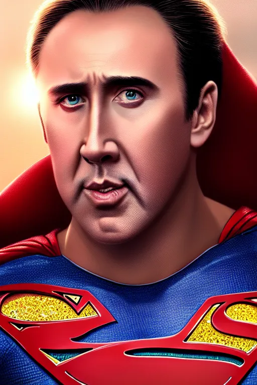 Image similar to portrait of nicolas cage as superman looking away from the camera, detailed eyes, sparkle in eyes, no hands visible, intricate, extremely detailed digital painting by greg rutkowski and mark brooks, hd, artstation