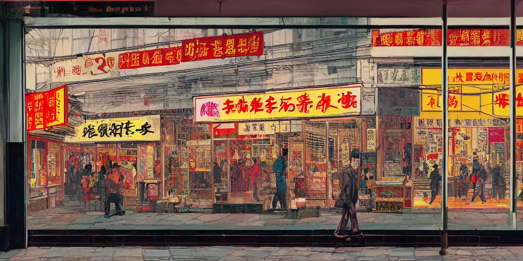 Image similar to a shop window in hong kong, by dan mumford and peter doig and edward hopper, minimal, black in, thick lines highly detailed, muted colours, overlaid with chinese adverts, 8 k