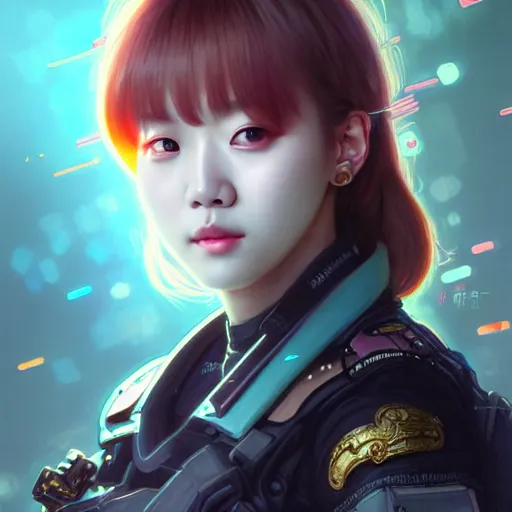 Image similar to portrait painting of chuu kpop as a cheerful smiling cyberpunk mercenary, ultra realistic, concept art, intricate details, eerie, highly detailed, photorealistic, octane render, 8 k, unreal engine. art by artgerm and greg rutkowski and magali villeneuve and alphonse mucha