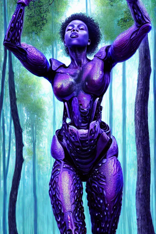 Image similar to hyperrealistic post - raphaelite super expressive! black woman with exoskeleton armor, merging with tree in a forest, highly detailed digital art masterpiece smooth cam de leon eric zener dramatic pearlescent blue purple light ground angle hd 8 k sharp focus