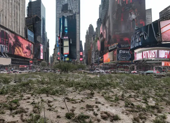 Image similar to film still of post apocalyptic empty time square, overgrown with wildlife walking through in the new sci - fi movie, 8 k