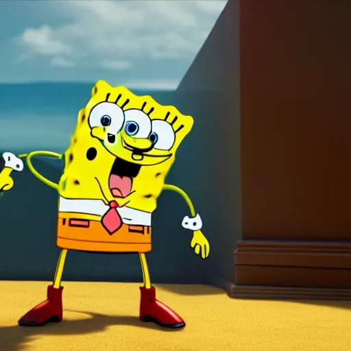 Prompt: SpongeBob in the role of Keanu Reevez. Octane render, 4k, 8k, unreal 5, very detailed, hyper realism, trending on artstation.