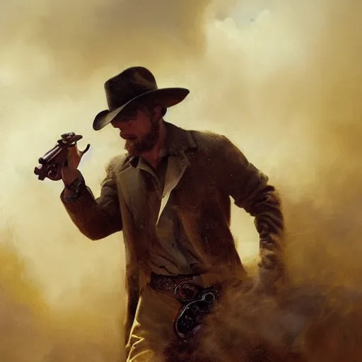 Image similar to a dramatic epic ethereal portrait of a cowboy firing his revolver while yelling, full body with dynamic pose, during archetypical Old West period, 19th century, male, detailed face, cinematic lighting, highly detailed oil on canvas painting by Greg Rutkowski, winning-award digital art trending on Artstation H 1024 W 832