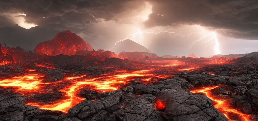 Prompt: dramatic view of empty rocky wasteland, ancient foundry, giant glowing towers of fire, lava held back by dam, glowing ominous clouds, lightning, unreal engine, dramatic lighting, detailed, ambient occlusion, global illumination, god rays, 3 d artstation render by greg rutowski and jessica rossier