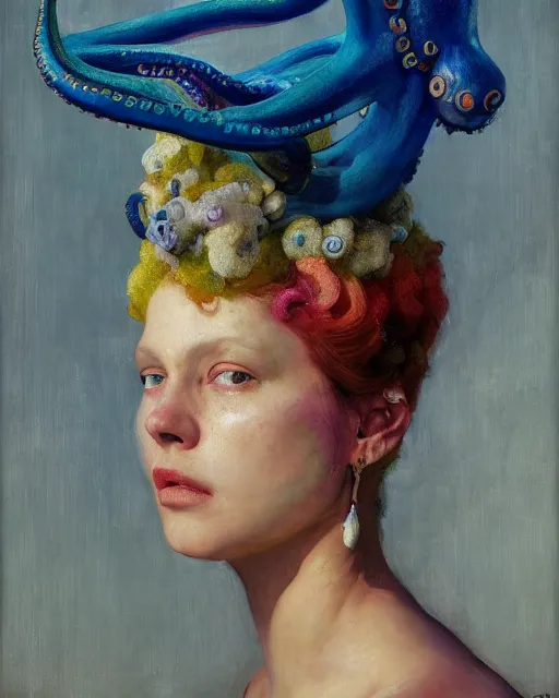 Image similar to a beautiful girl wearing a colourful octopus as a hat, painted by edgar maxence, edward hopper, wayne barlowe and james gilleard, airbrush, art by jamesjean