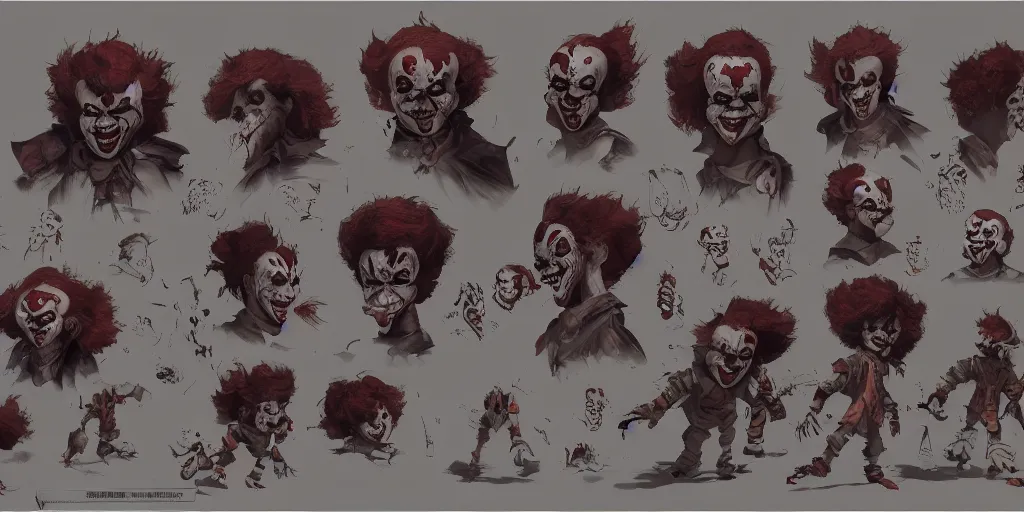 Prompt: pennywise, character sheet, concept design, contrast, kim jung gi, greg rutkowski, zabrocki, karlkka, jayison devadas, trending on artstation, 8 k, ultra wide angle, pincushion lens effect